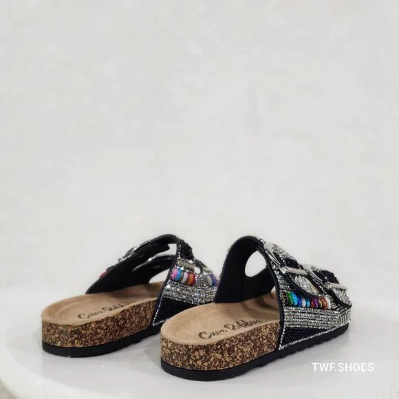 Zany Double Buckle Strap Rhinestone Beaded Slip on Mule Sandals - Picture 4 of 11